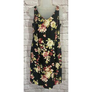 JONES NEW YORK Dress 10 Linen Silk Blend Lined Zip Black Floral Vintage Feminine